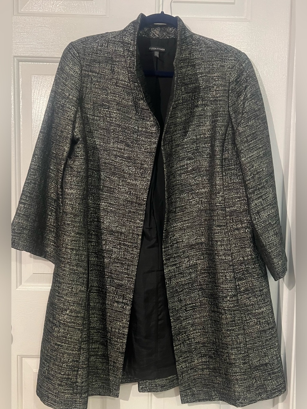 Eileen Fisher Open Front Black, Gray, & Silver Textured Long Jacket